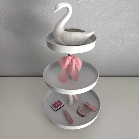 White Three-Tiered Stand with Pink Silk Bow Accents - Picture 6 of 10